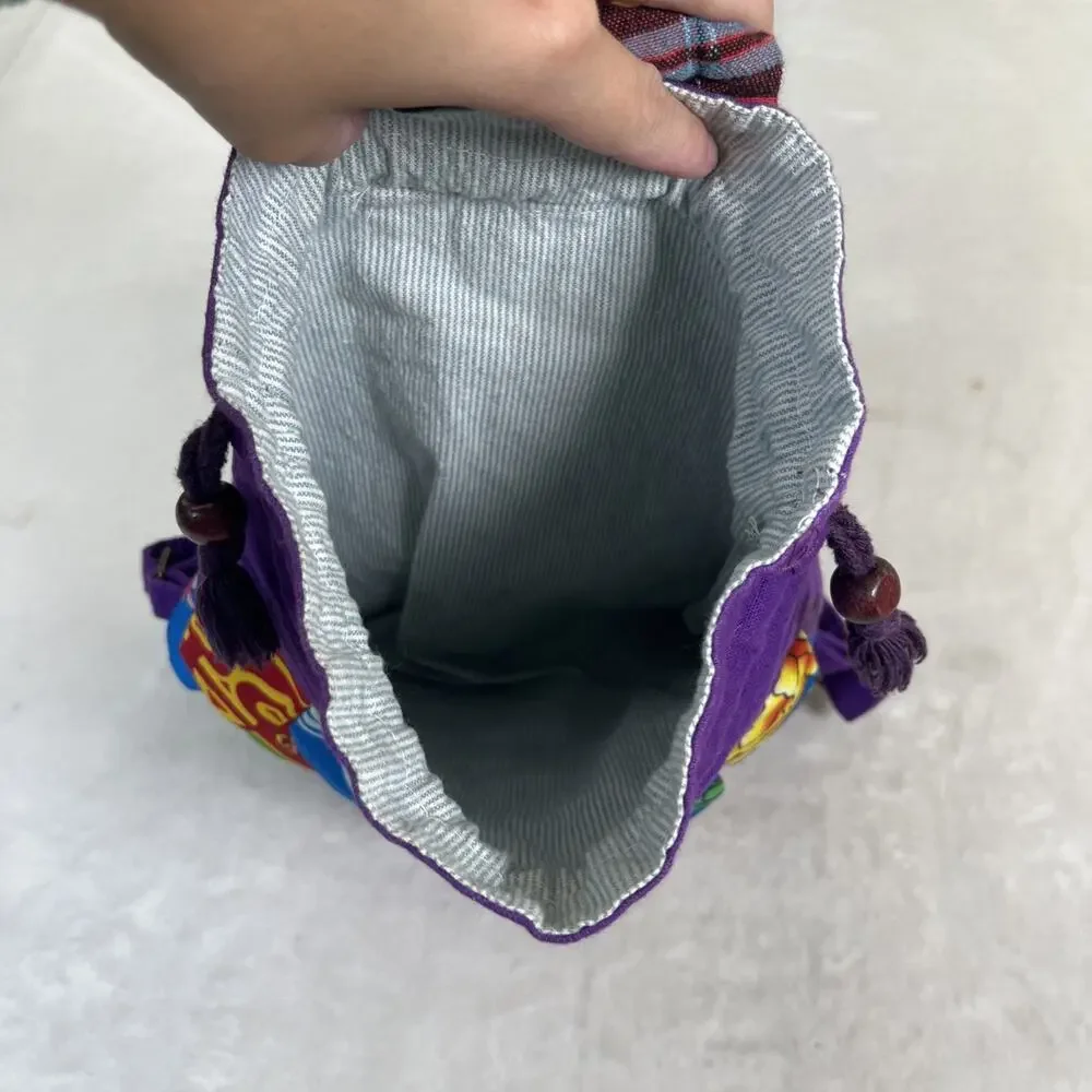 Handmade Patchwork Colorful Cat Drawstring Backpack Purple Multi-Color Charity